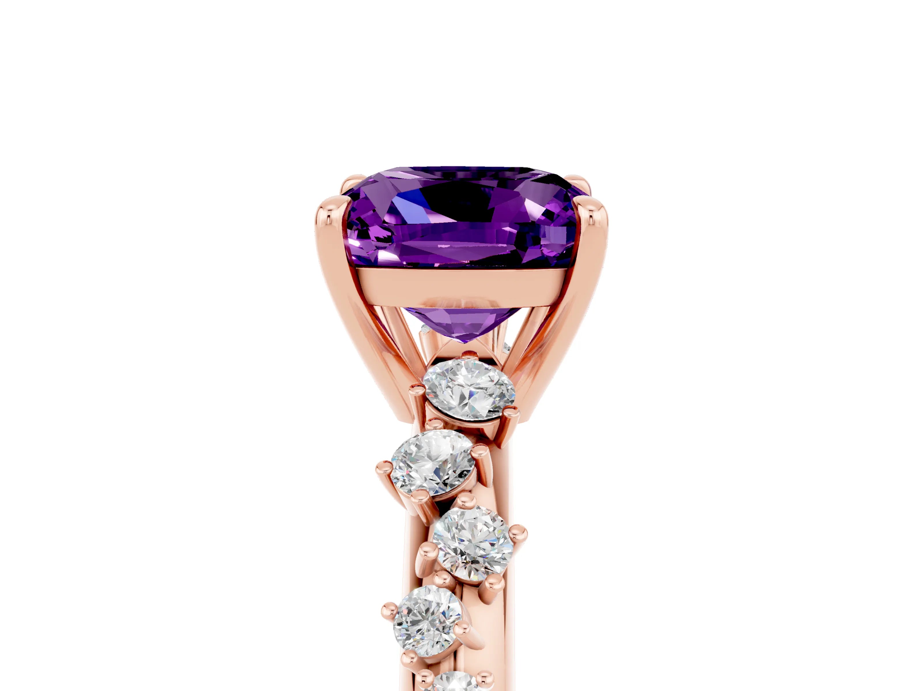 Rose gold Cushion Cut Amethyst Cluster Side Stone Solitaire Ring with Prong Setting_29