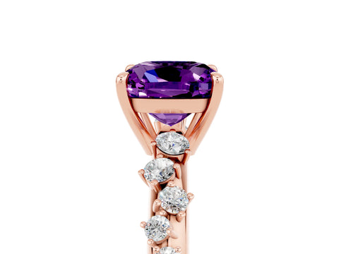 Rose gold Cushion Cut Amethyst Cluster Side Stone Solitaire Ring with Prong Setting_29