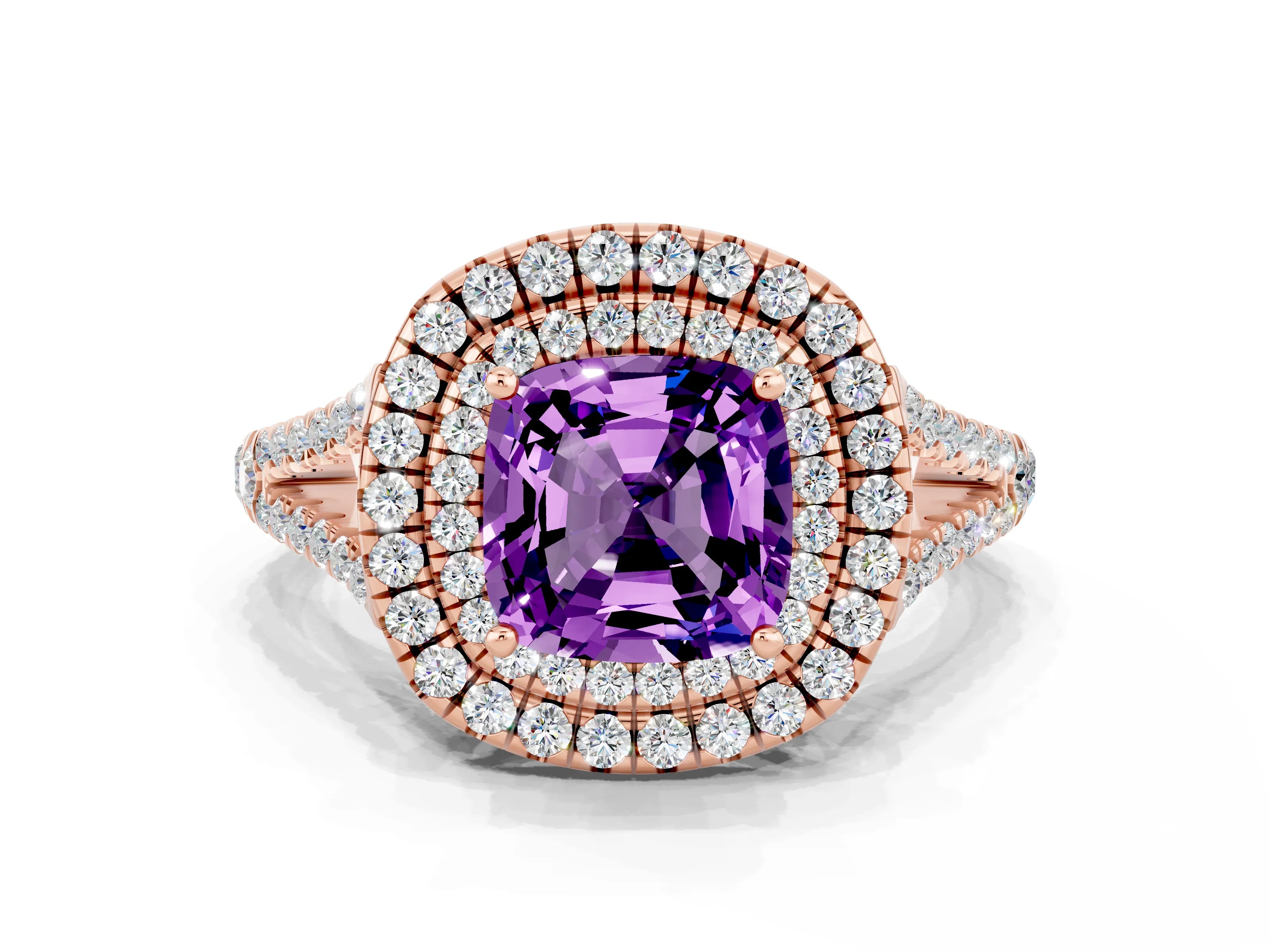 Rose gold Cushion Cut Amethyst Double Halo Ring with Pavé Band and Prong Setting_12