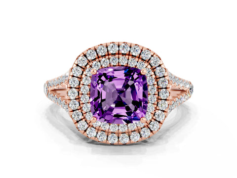 Rose gold Cushion Cut Amethyst Double Halo Ring with Pavé Band and Prong Setting_12