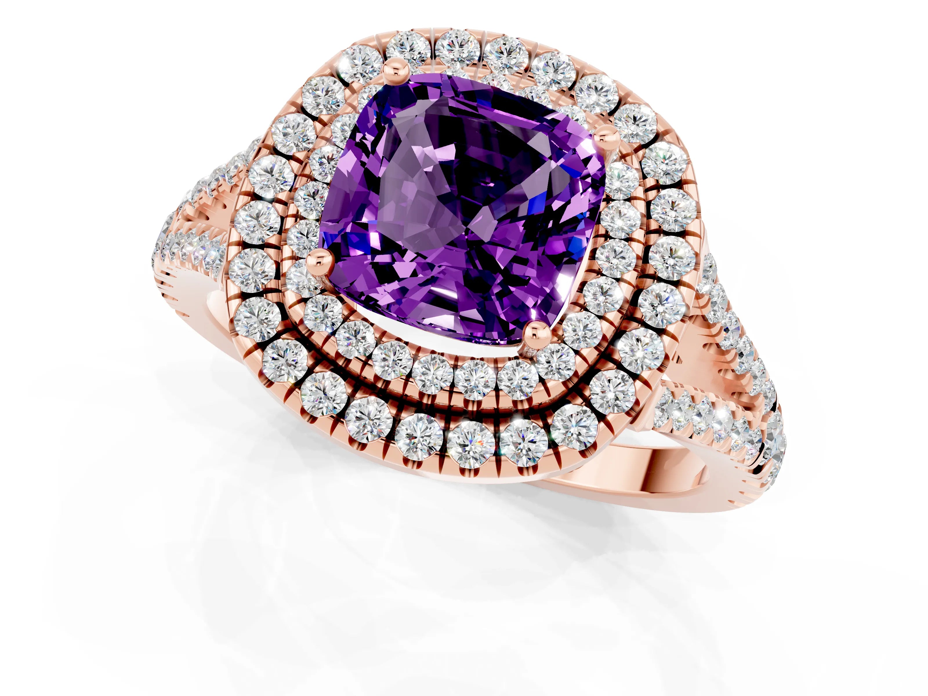 Rose gold Cushion Cut Amethyst Double Halo Ring with Pavé Band and Prong Setting_13