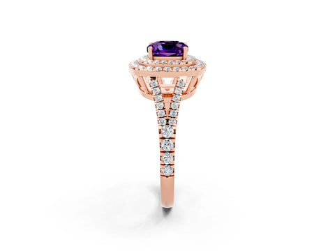 Rose gold Cushion Cut Amethyst Double Halo Ring with Pavé Band and Prong Setting_14