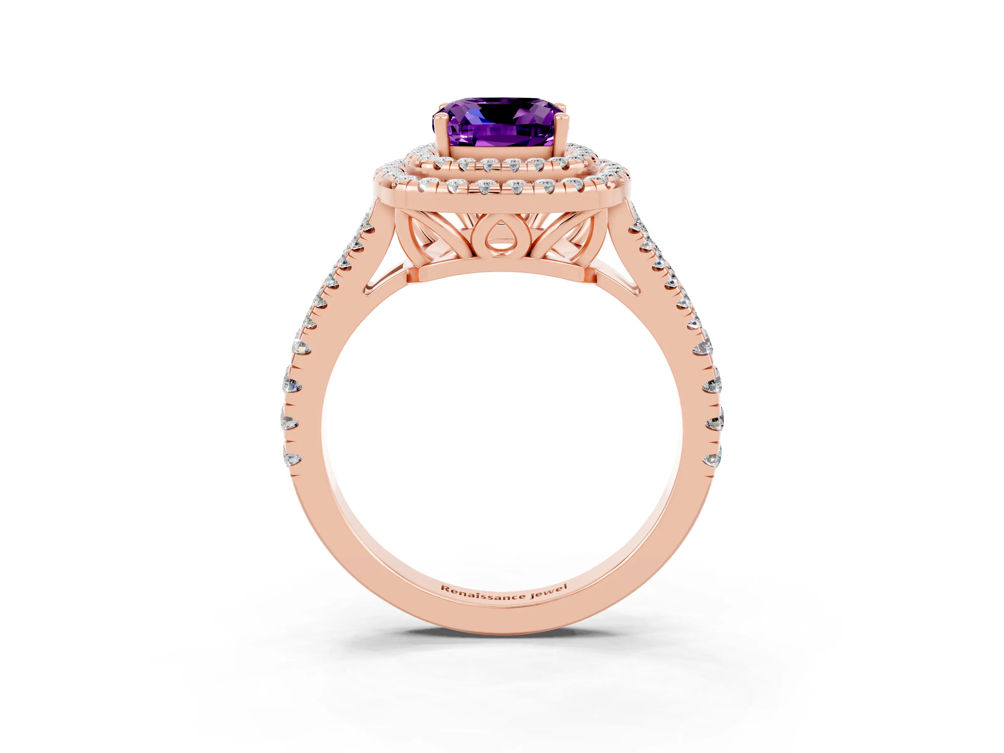 Rose gold Cushion Cut Amethyst Double Halo Ring with Pavé Band and Prong Setting_15