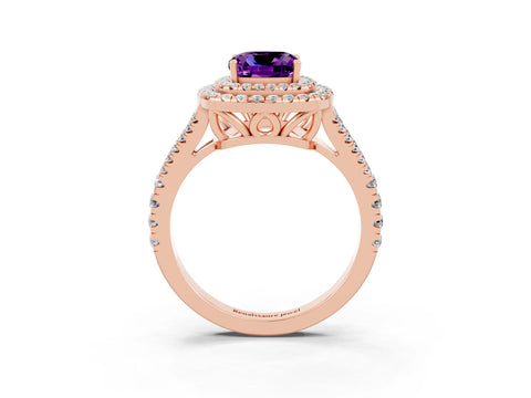 Rose gold Cushion Cut Amethyst Double Halo Ring with Pavé Band and Prong Setting_15