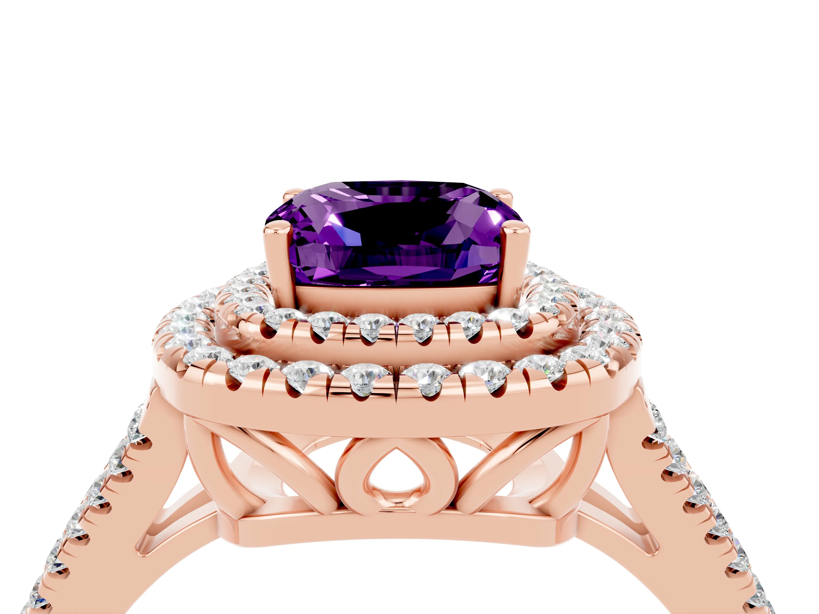 Rose gold Cushion Cut Amethyst Double Halo Ring with Pavé Band and Prong Setting_16