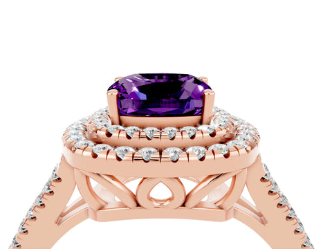 Rose gold Cushion Cut Amethyst Double Halo Ring with Pavé Band and Prong Setting_16