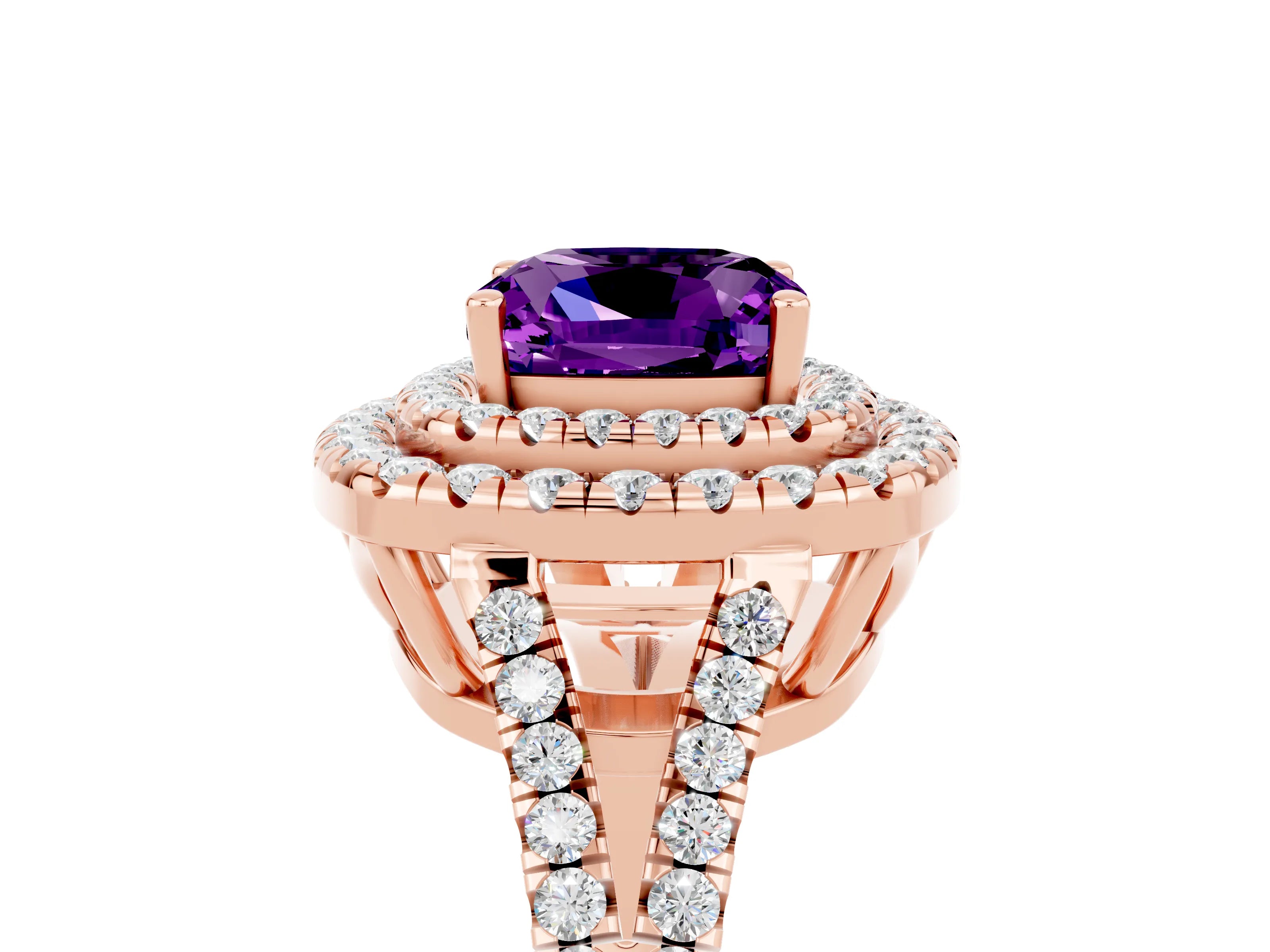Rose gold Cushion Cut Amethyst Double Halo Ring with Pavé Band and Prong Setting_17