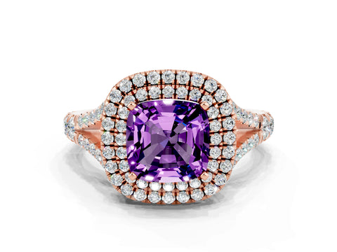 Rose gold Cushion Cut Amethyst Double Halo Ring with Split Shank and Prong Setting_12
