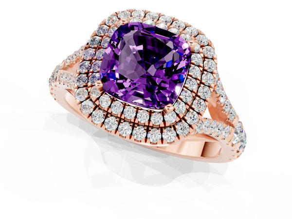 Rose gold Cushion Cut Amethyst Double Halo Ring with Split Shank and Prong Setting