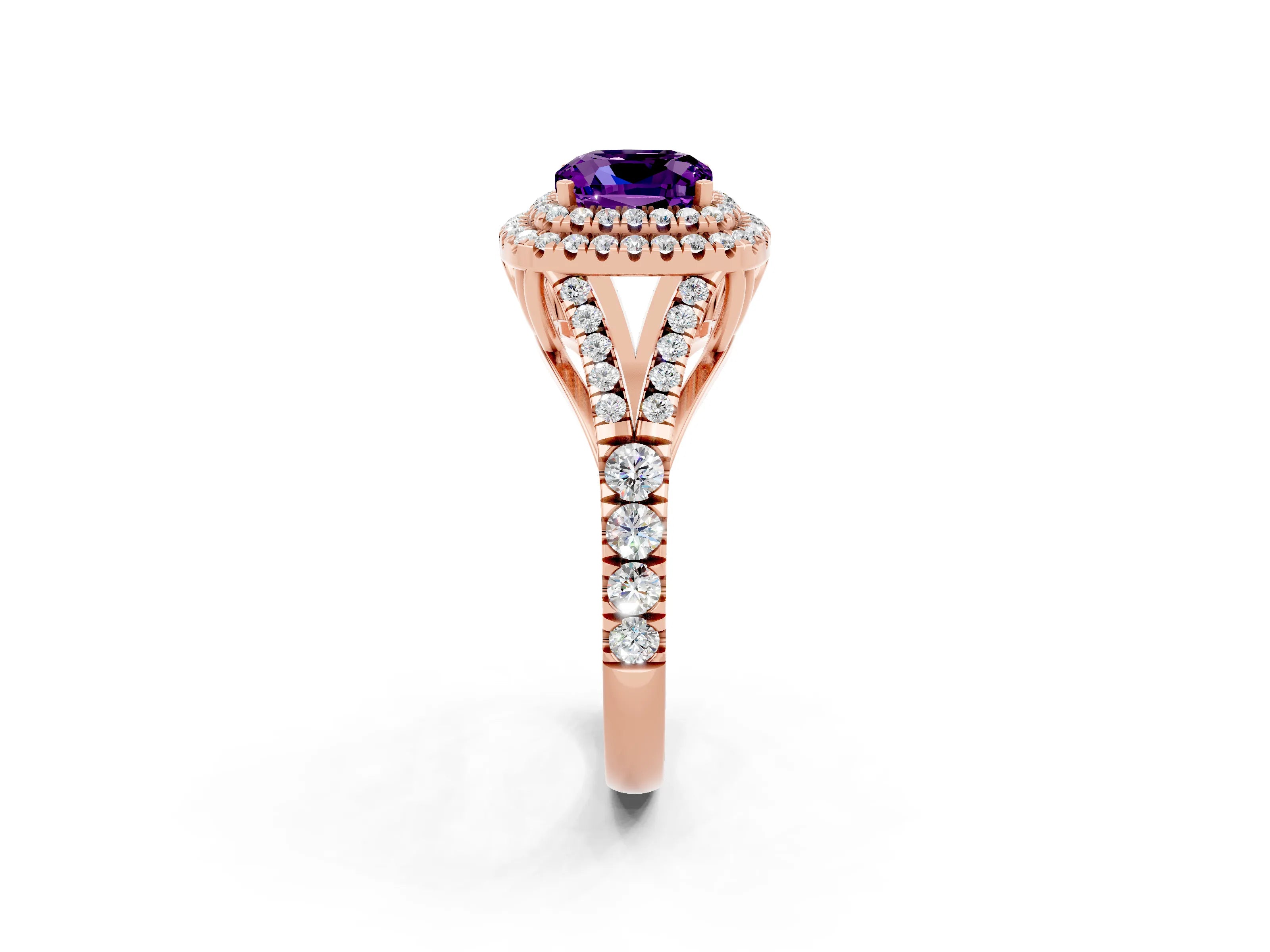 Rose gold Cushion Cut Amethyst Double Halo Ring with Split Shank and Prong Setting_14