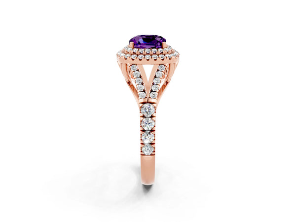 Rose gold Cushion Cut Amethyst Double Halo Ring with Split Shank and Prong Setting