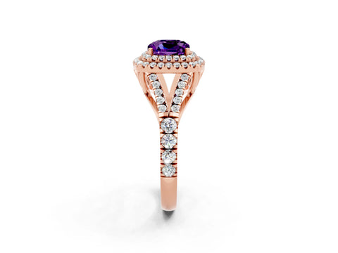 Rose gold Cushion Cut Amethyst Double Halo Ring with Split Shank and Prong Setting_14