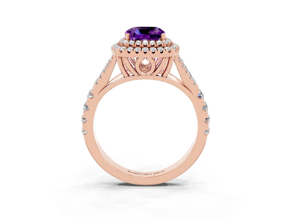 Rose gold Cushion Cut Amethyst Double Halo Ring with Split Shank and Prong Setting