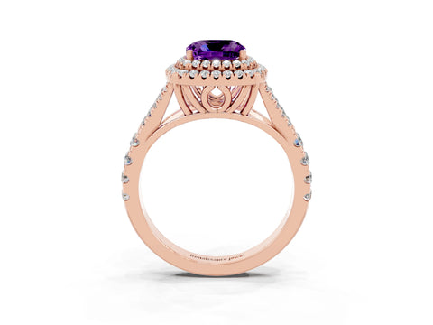 Rose gold Cushion Cut Amethyst Double Halo Ring with Split Shank and Prong Setting_15