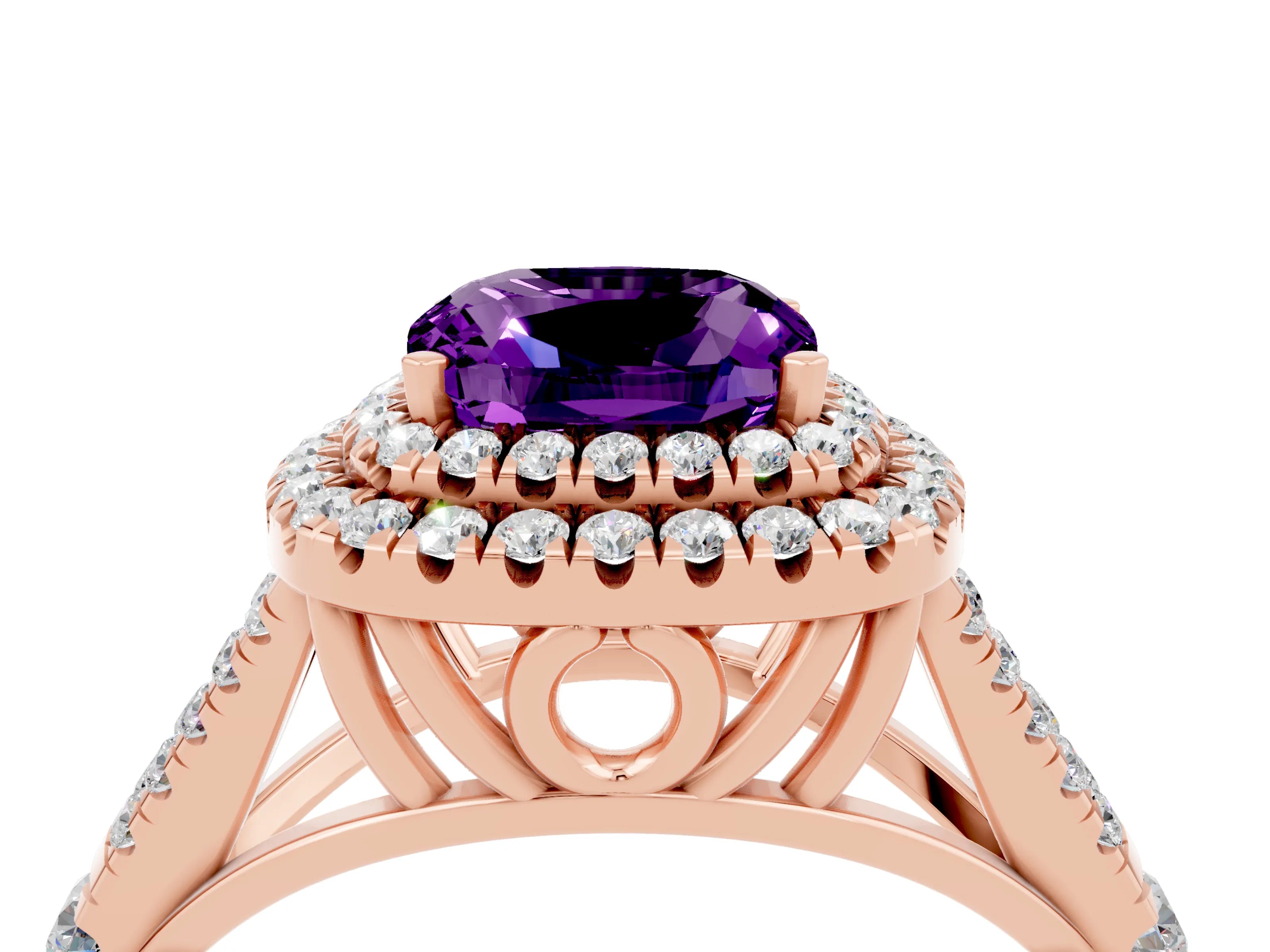 Rose gold Cushion Cut Amethyst Double Halo Ring with Split Shank and Prong Setting_16