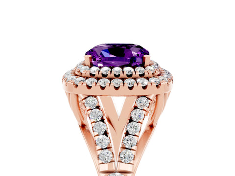Rose gold Cushion Cut Amethyst Double Halo Ring with Split Shank and Prong Setting_17