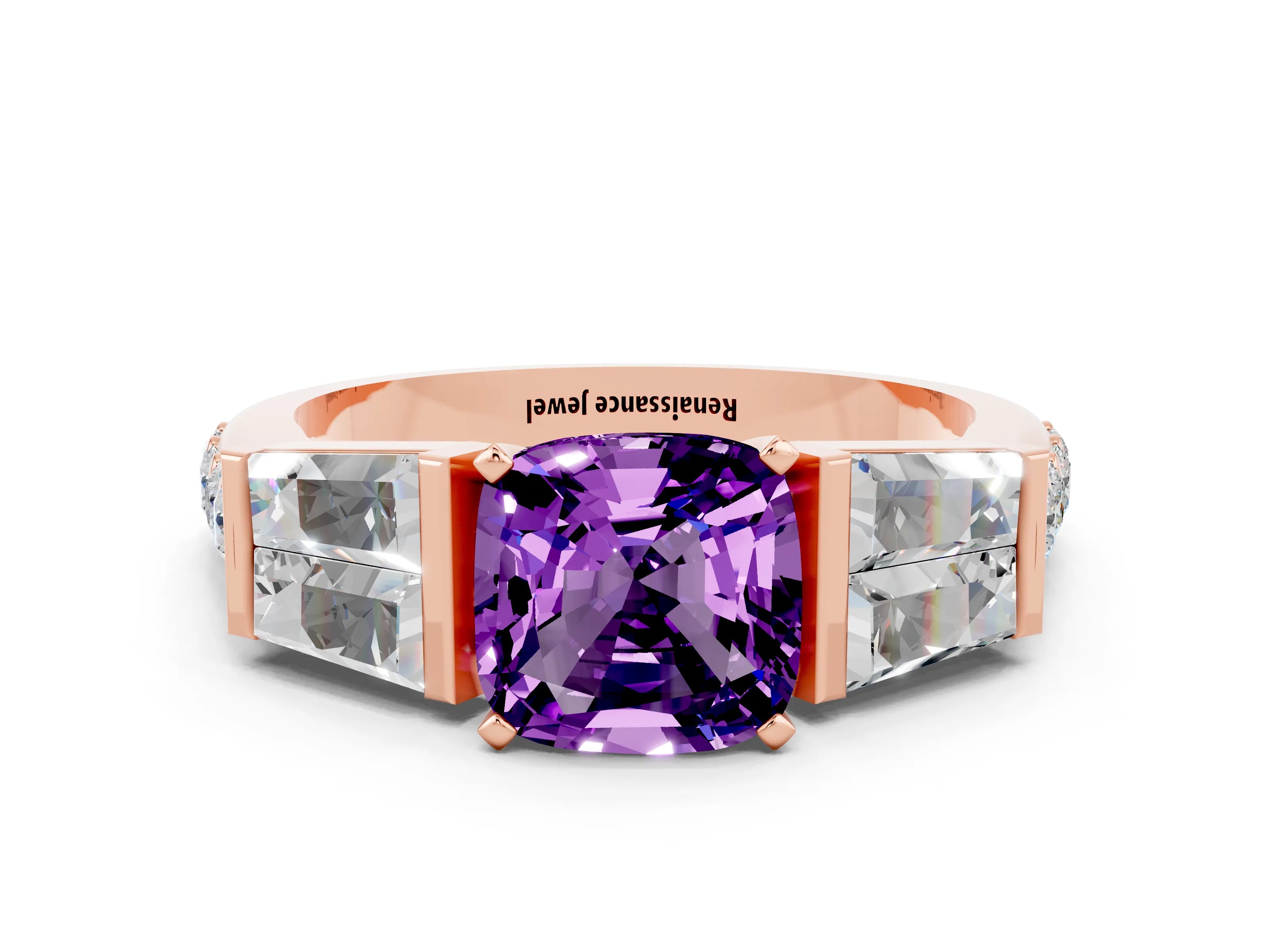 Rose gold Cushion Cut Amethyst Engagement Ring with Baguette Side Stones and Channel Set Band