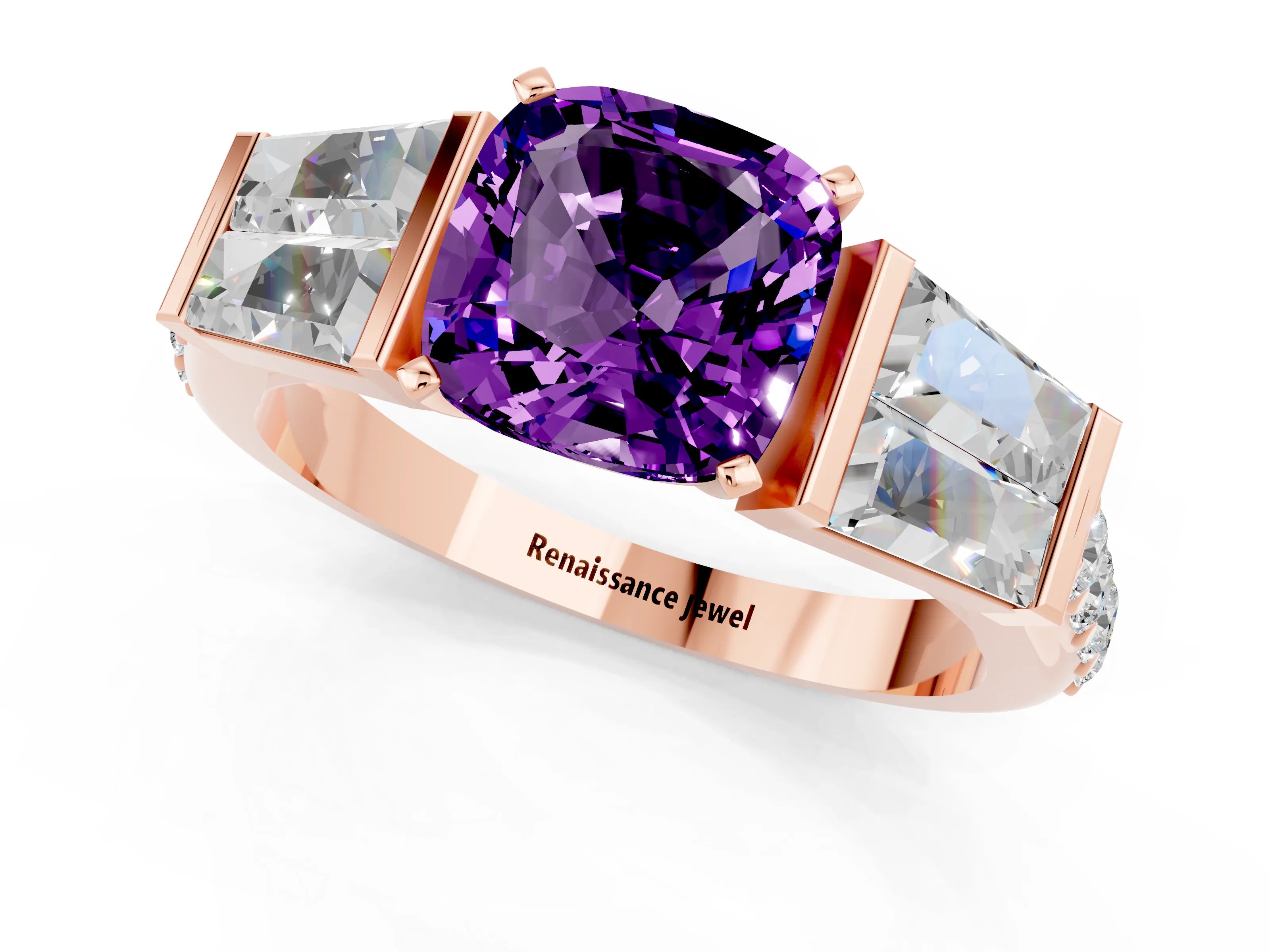 Rose gold Cushion Cut Amethyst Engagement Ring with Baguette Side Stones and Channel Set Band_1