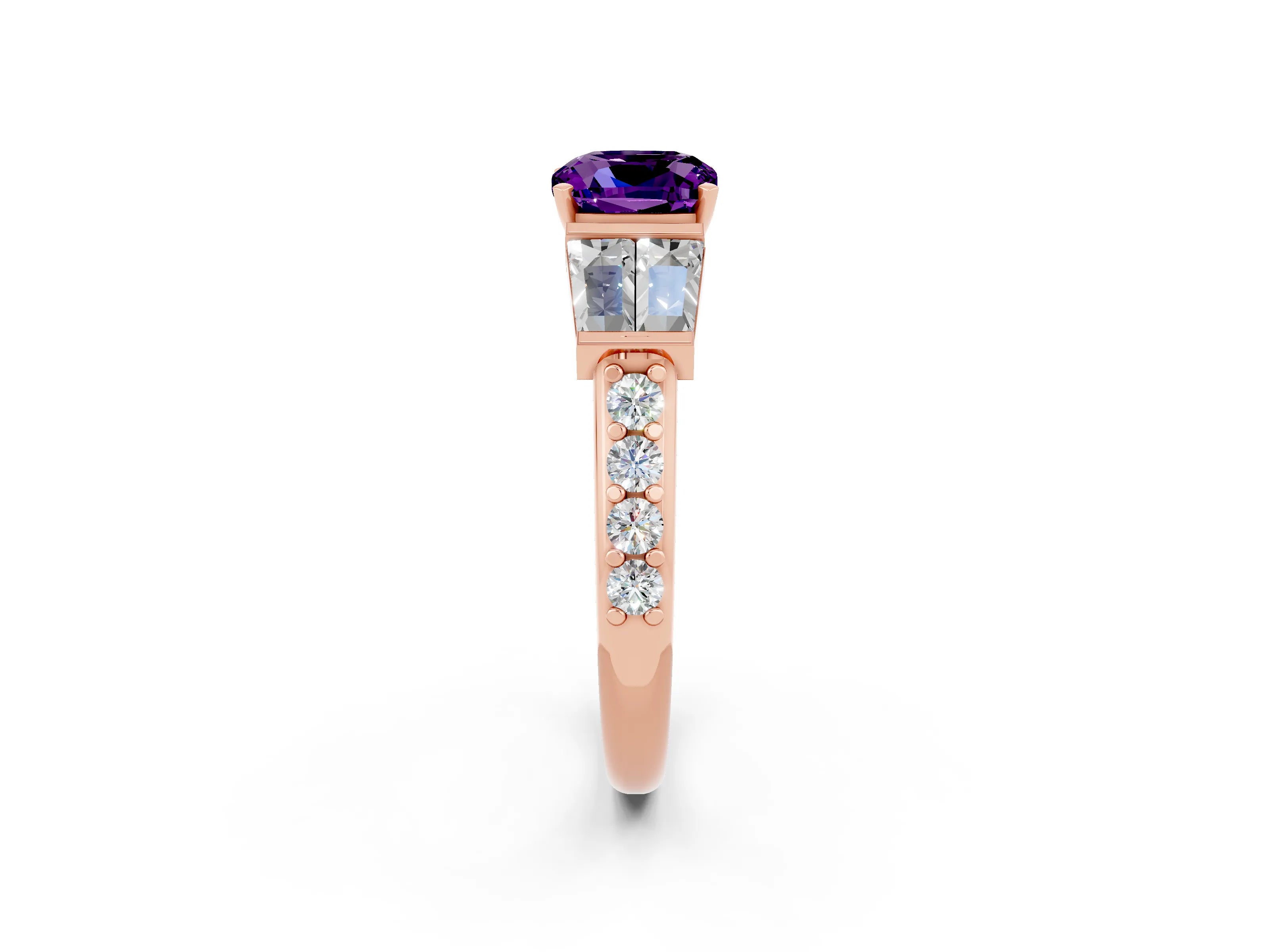 Rose gold Cushion Cut Amethyst Engagement Ring with Baguette Side Stones and Channel Set Band_2