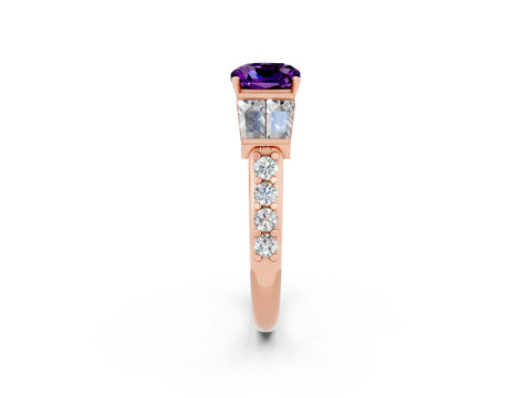 Rose gold Cushion Cut Amethyst Engagement Ring with Baguette Side Stones and Channel Set Band_2