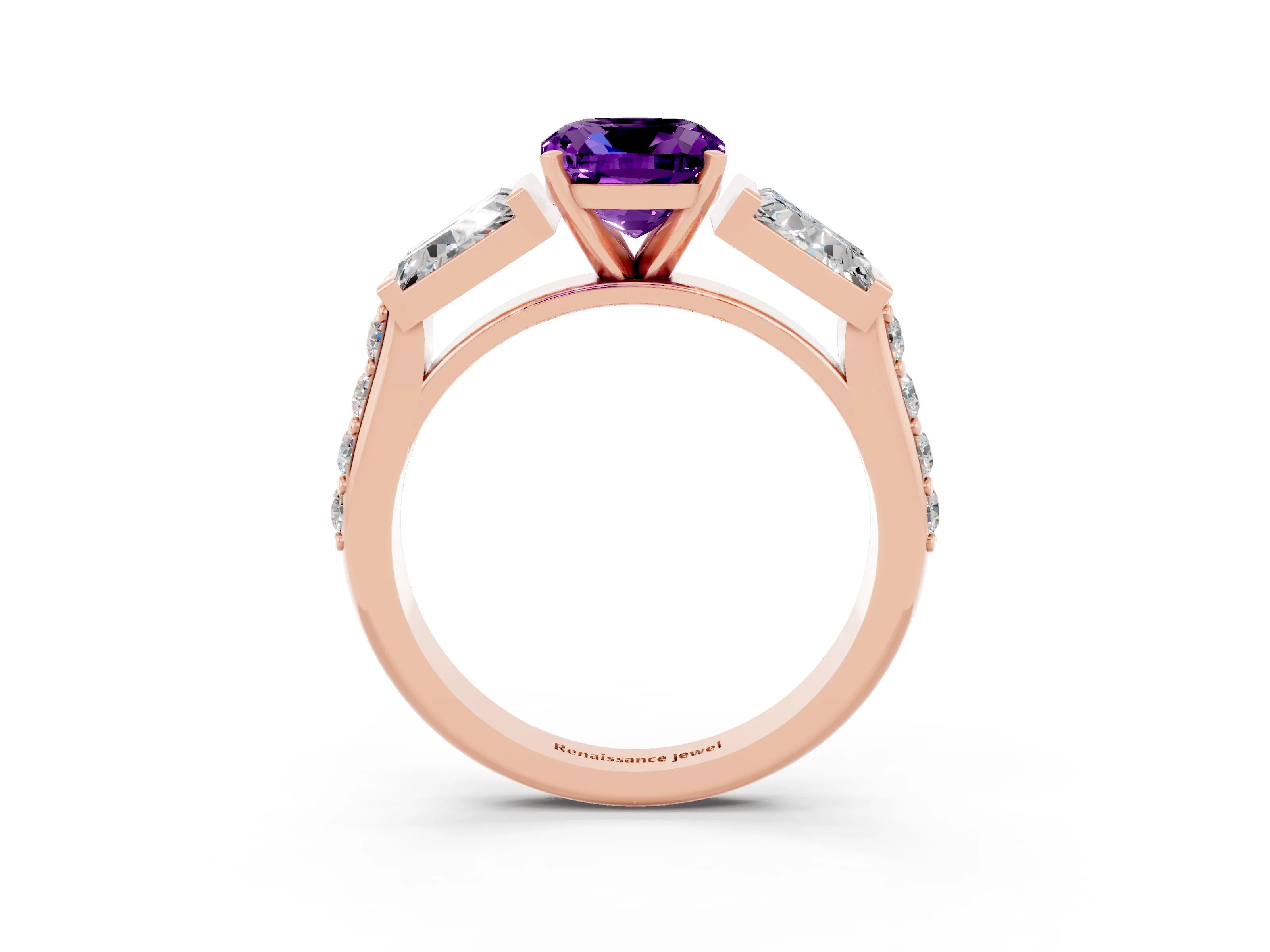 Rose gold Cushion Cut Amethyst Engagement Ring with Baguette Side Stones and Channel Set Band_3