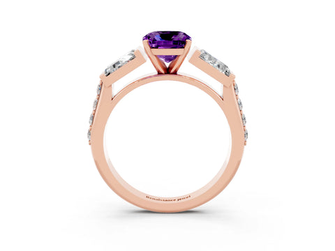 Rose gold Cushion Cut Amethyst Engagement Ring with Baguette Side Stones and Channel Set Band_3