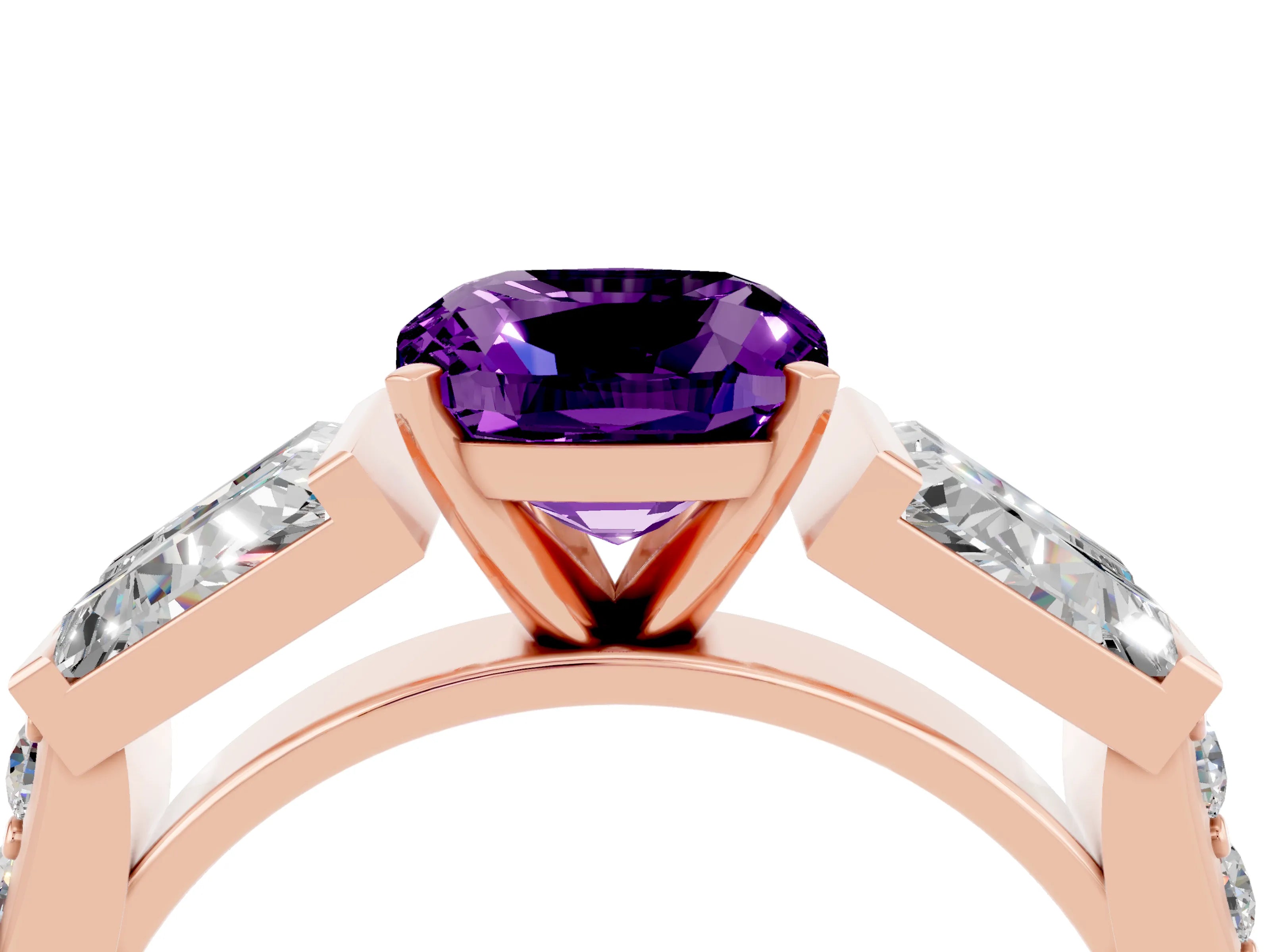Rose gold Cushion Cut Amethyst Engagement Ring with Baguette Side Stones and Channel Set Band_4