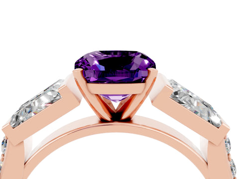 Rose gold Cushion Cut Amethyst Engagement Ring with Baguette Side Stones and Channel Set Band_4