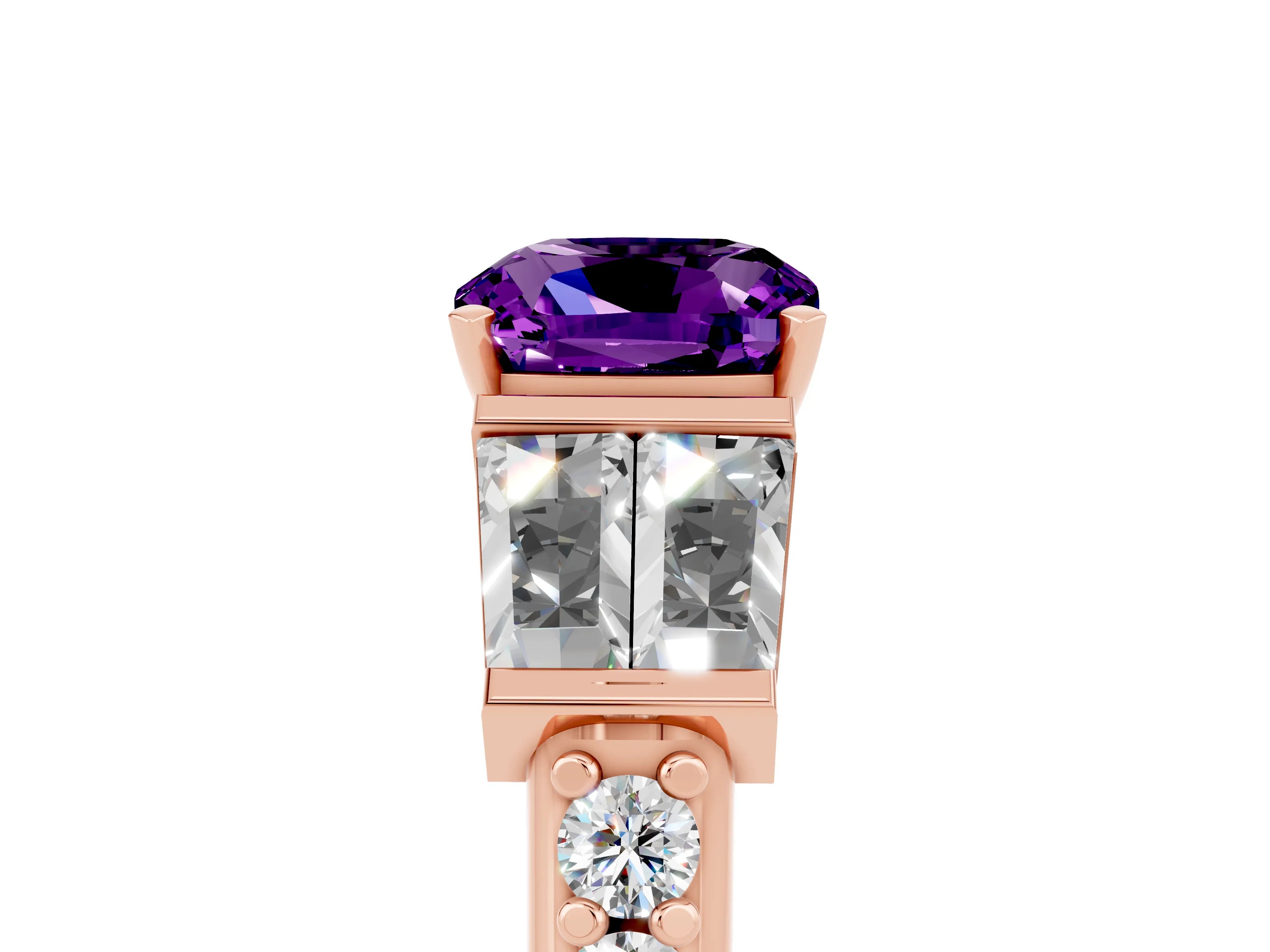 Rose gold Cushion Cut Amethyst Engagement Ring with Baguette Side Stones and Channel Set Band_5