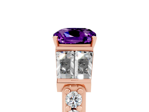 Rose gold Cushion Cut Amethyst Engagement Ring with Baguette Side Stones and Channel Set Band_5