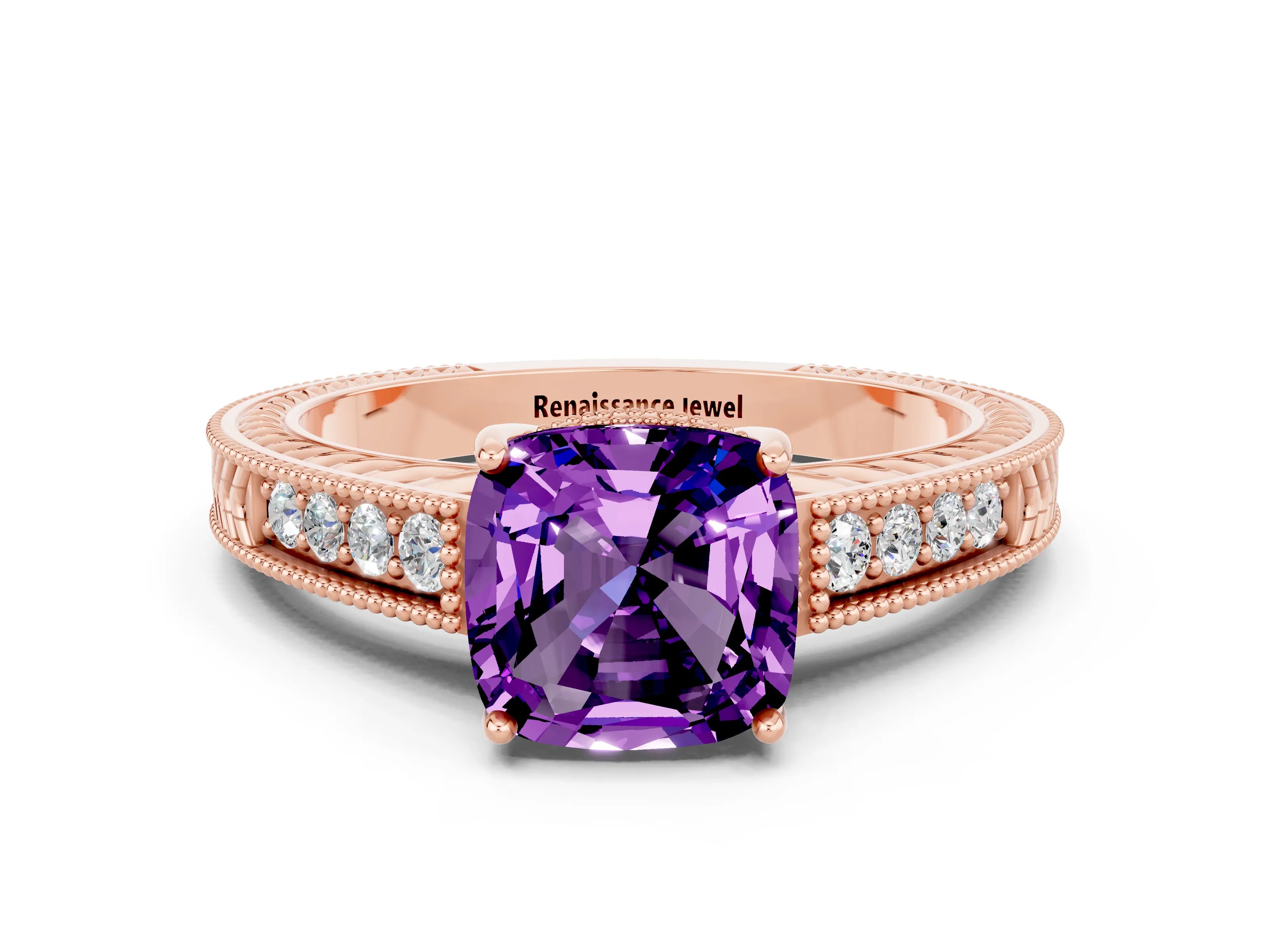 Rose gold Cushion Cut Amethyst Engagement Ring with Milgrain Channel Set Band and Prong Setting