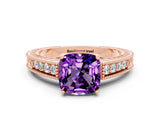 Rose gold Cushion Cut Amethyst Engagement Ring with Milgrain Channel Set Band and Prong Setting
