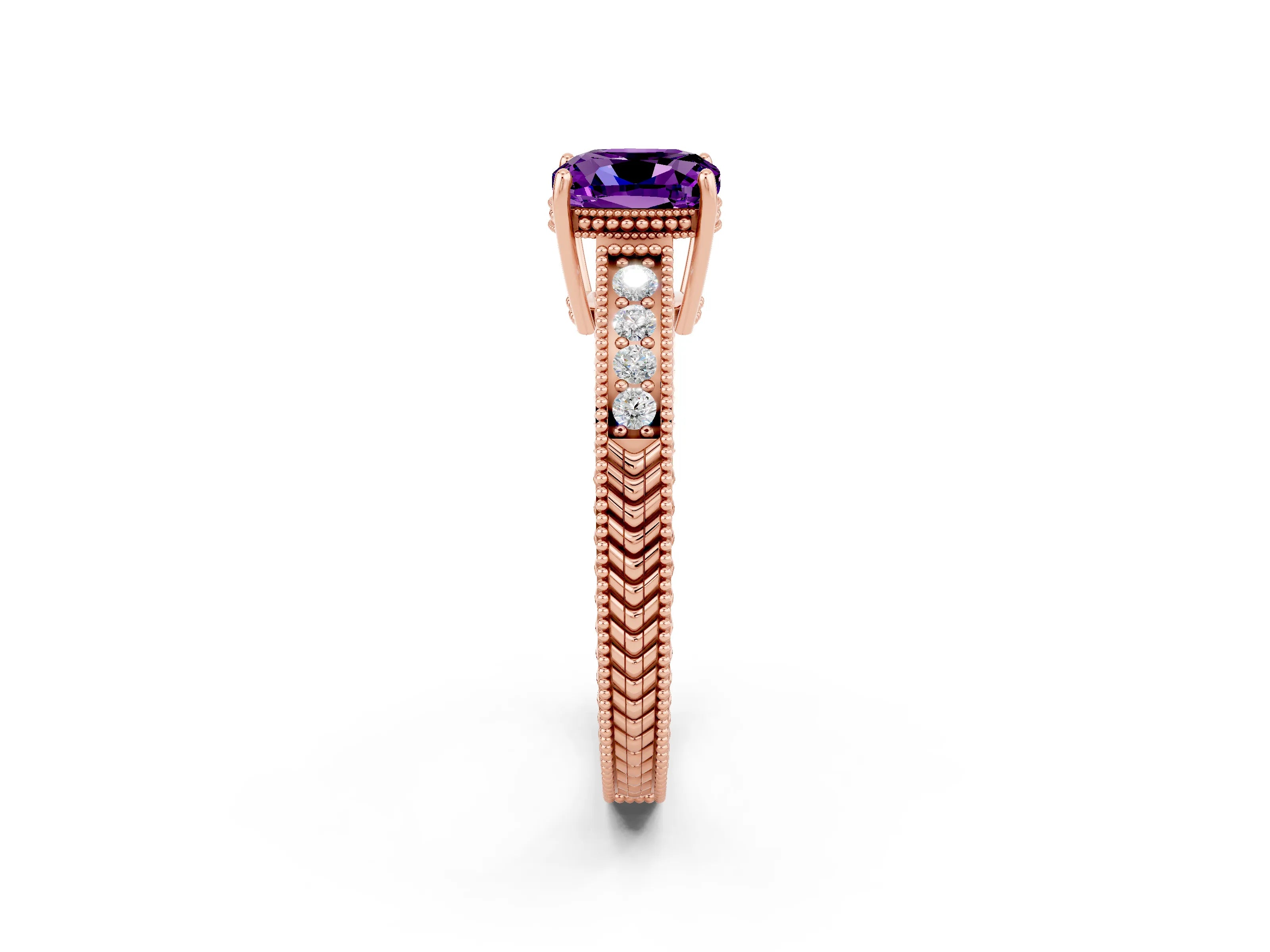Rose gold Cushion Cut Amethyst Engagement Ring with Milgrain Channel Set Band and Prong Setting_2