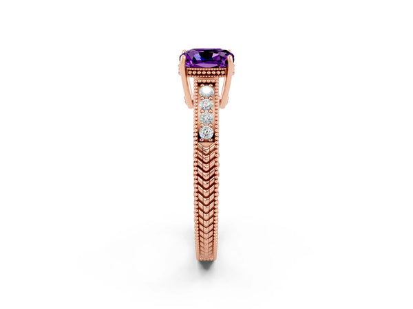 Rose gold Cushion Cut Amethyst Engagement Ring with Milgrain Channel Set Band and Prong Setting