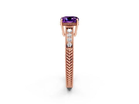 Rose gold Cushion Cut Amethyst Engagement Ring with Milgrain Channel Set Band and Prong Setting_2