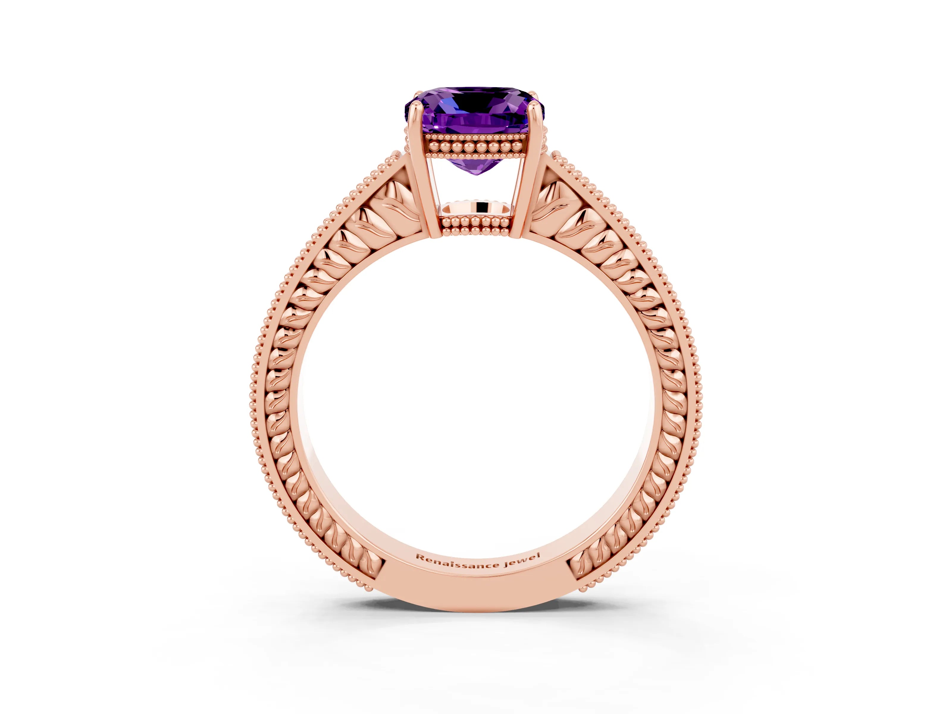 Rose gold Cushion Cut Amethyst Engagement Ring with Milgrain Channel Set Band and Prong Setting_3