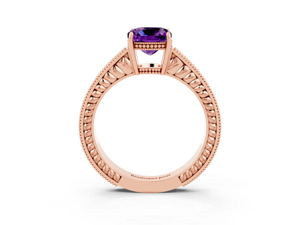 Rose gold Cushion Cut Amethyst Engagement Ring with Milgrain Channel Set Band and Prong Setting