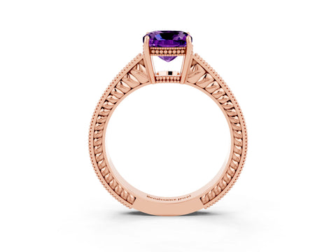 Rose gold Cushion Cut Amethyst Engagement Ring with Milgrain Channel Set Band and Prong Setting_3