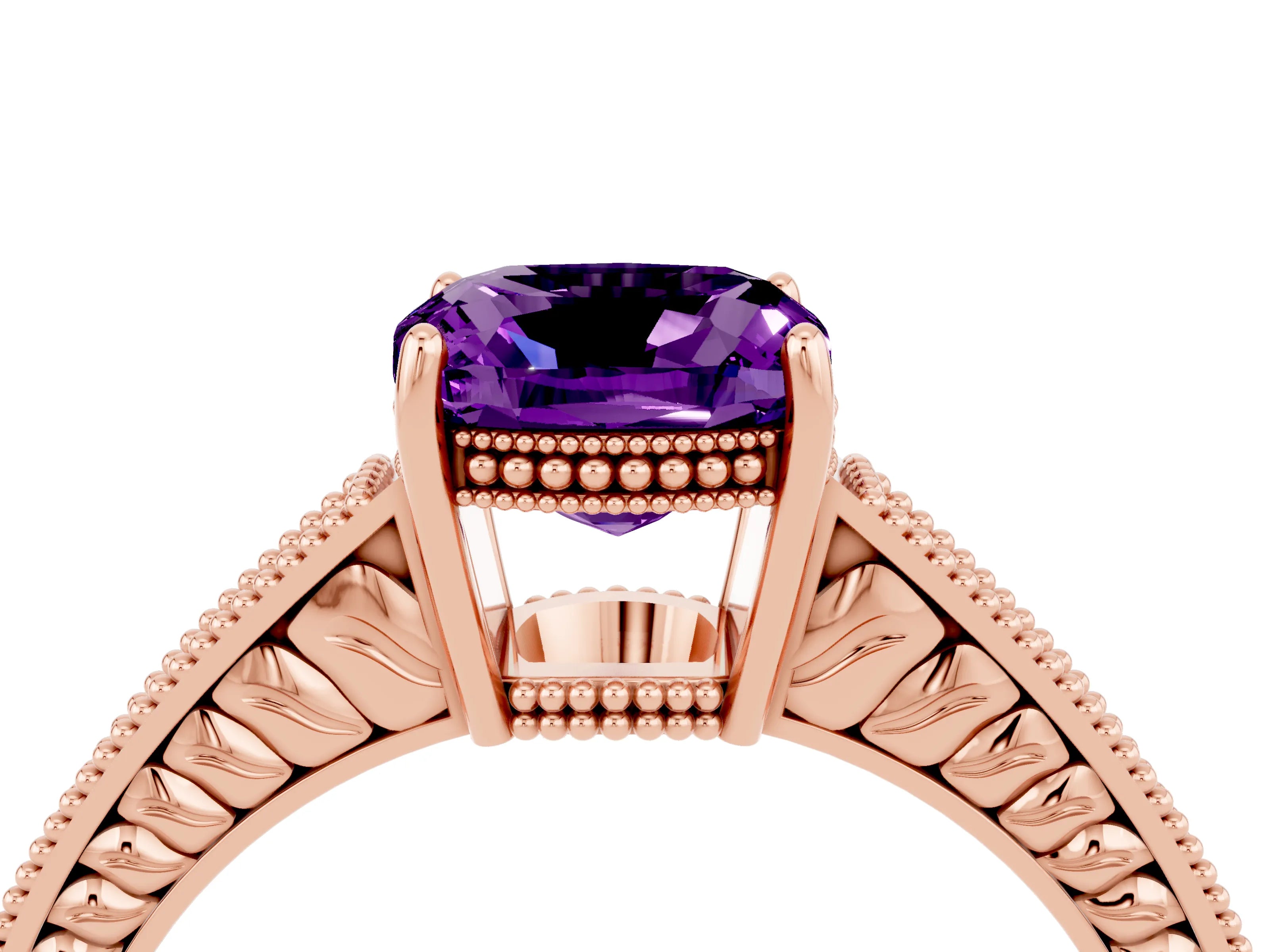 Rose gold Cushion Cut Amethyst Engagement Ring with Milgrain Channel Set Band and Prong Setting_4