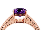 Rose gold Cushion Cut Amethyst Engagement Ring with Milgrain Channel Set Band and Prong Setting_4
