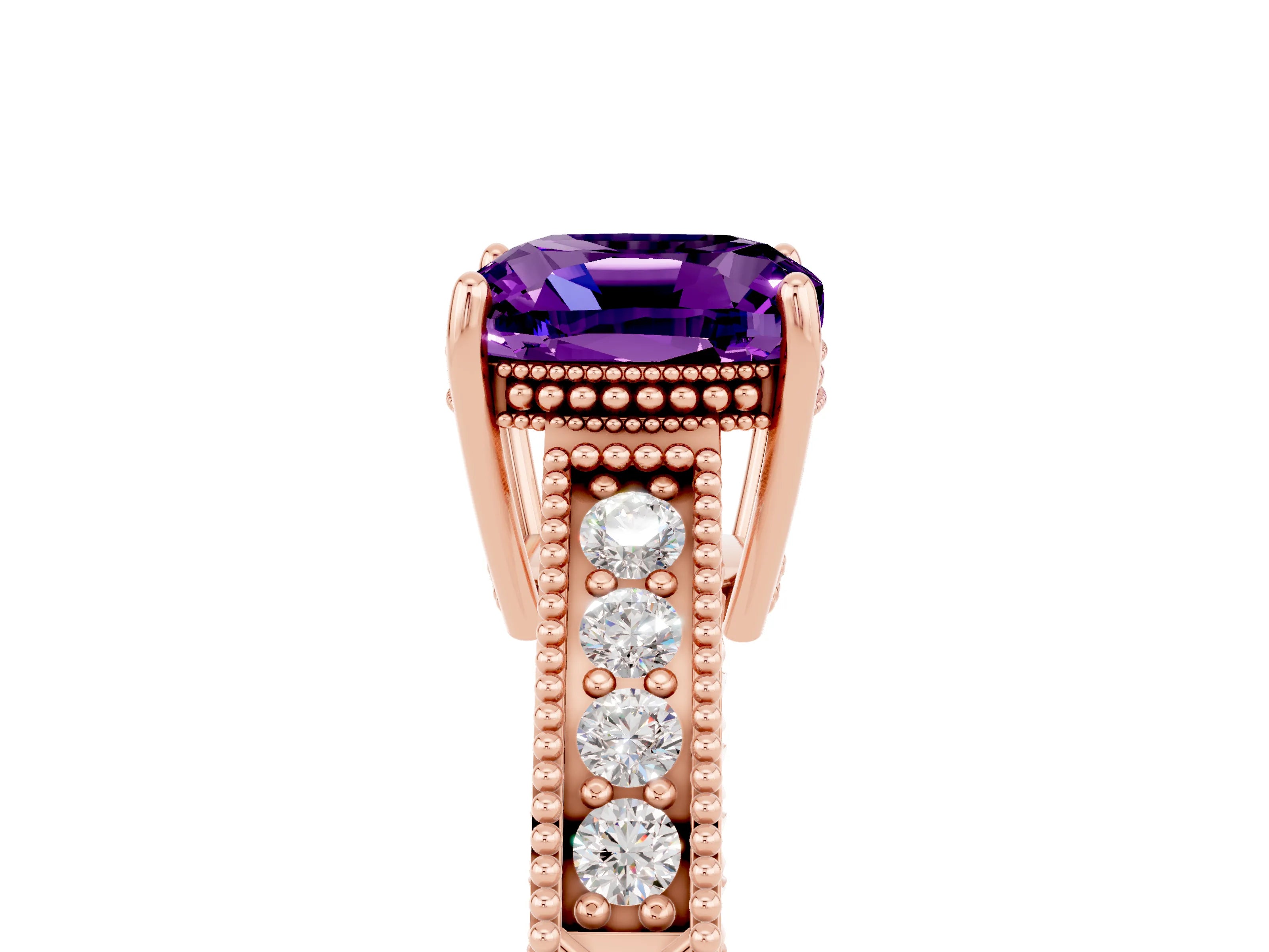 Rose gold Cushion Cut Amethyst Engagement Ring with Milgrain Channel Set Band and Prong Setting_5