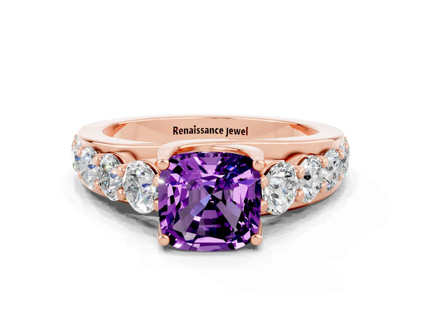 Rose gold Cushion Cut Amethyst Engagement Ring with Pavé Band and Four-Prong Setting