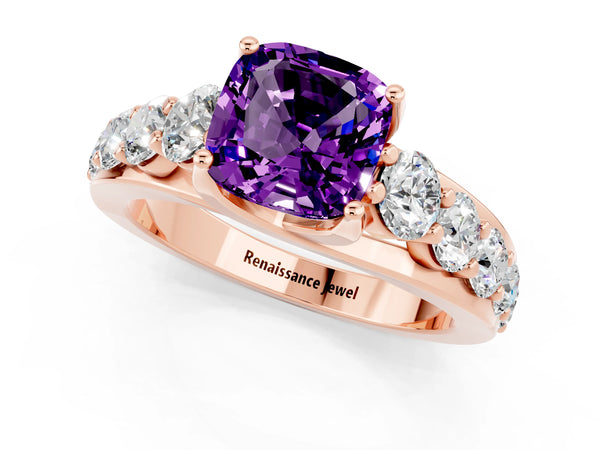Rose gold Cushion Cut Amethyst Engagement Ring with Pavé Band and Four-Prong Setting