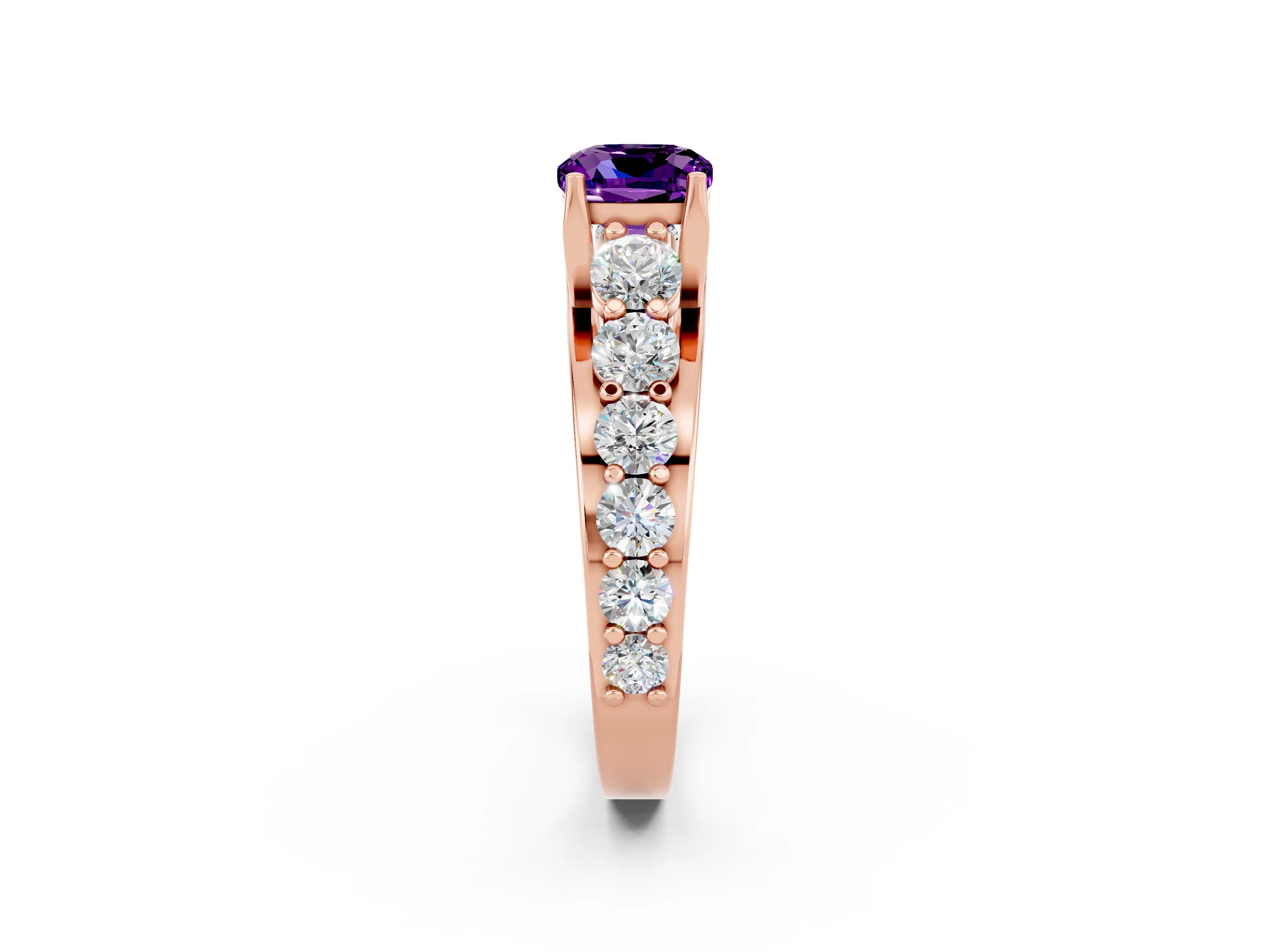 Rose gold Cushion Cut Amethyst Engagement Ring with Pavé Band and Four-Prong Setting_2