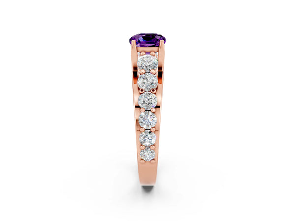 Rose gold Cushion Cut Amethyst Engagement Ring with Pavé Band and Four-Prong Setting