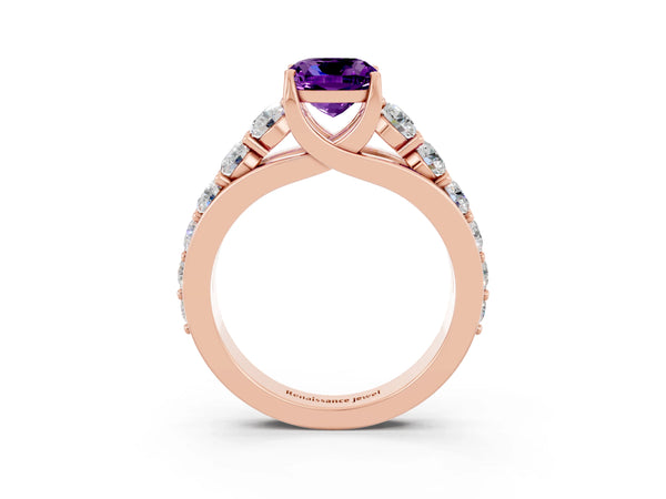 Rose gold Cushion Cut Amethyst Engagement Ring with Pavé Band and Four-Prong Setting