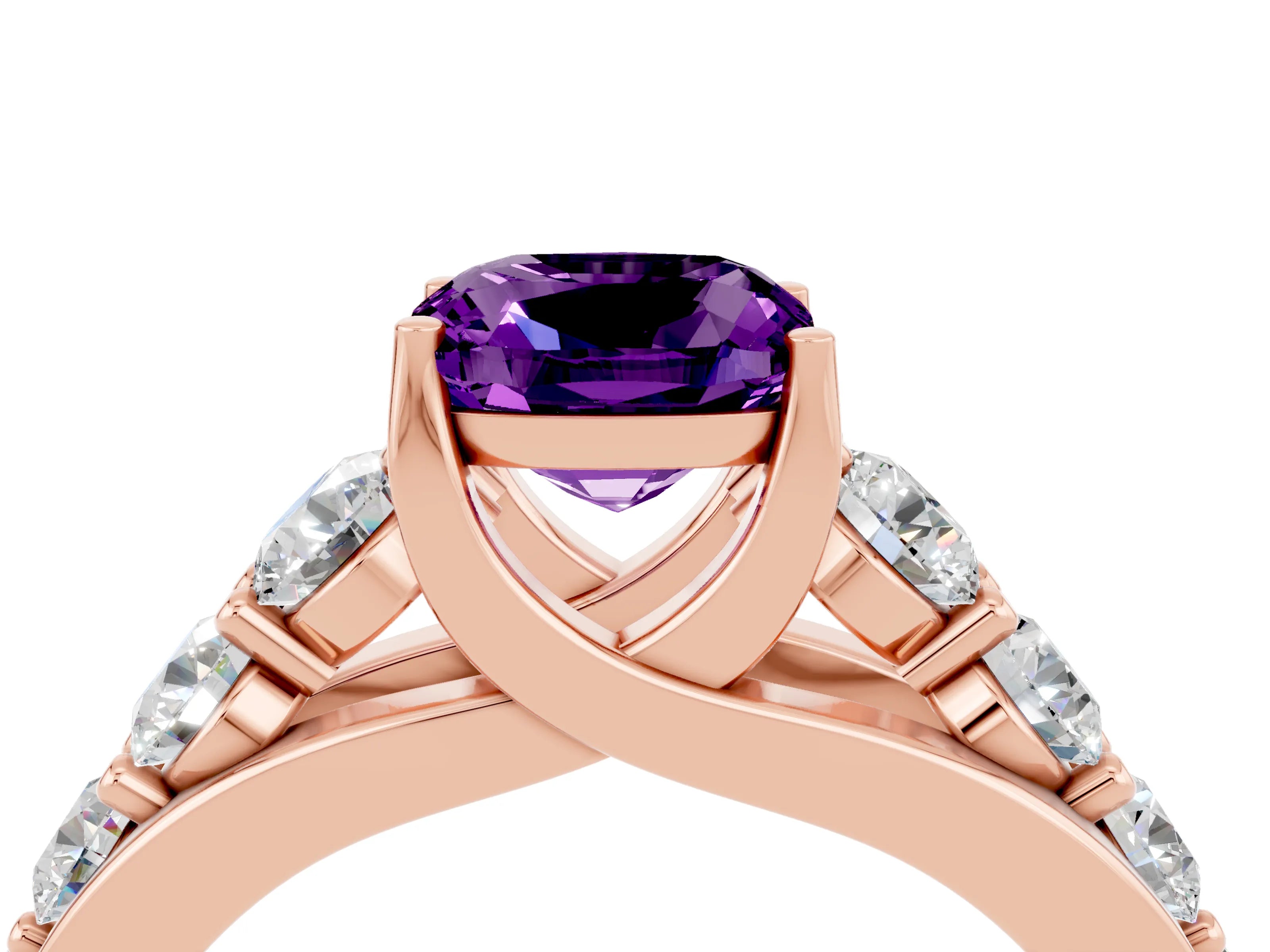 Rose gold Cushion Cut Amethyst Engagement Ring with Pavé Band and Four-Prong Setting_4