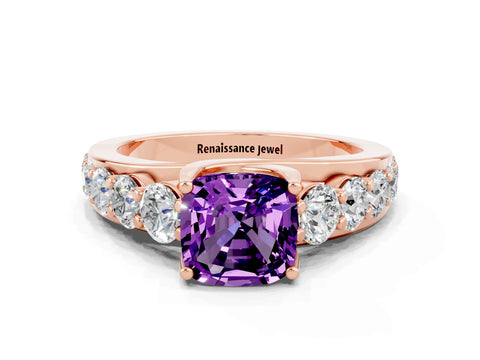 Rose gold Cushion Cut Amethyst Engagement Ring with Pavé Band and Four-Prong Setting