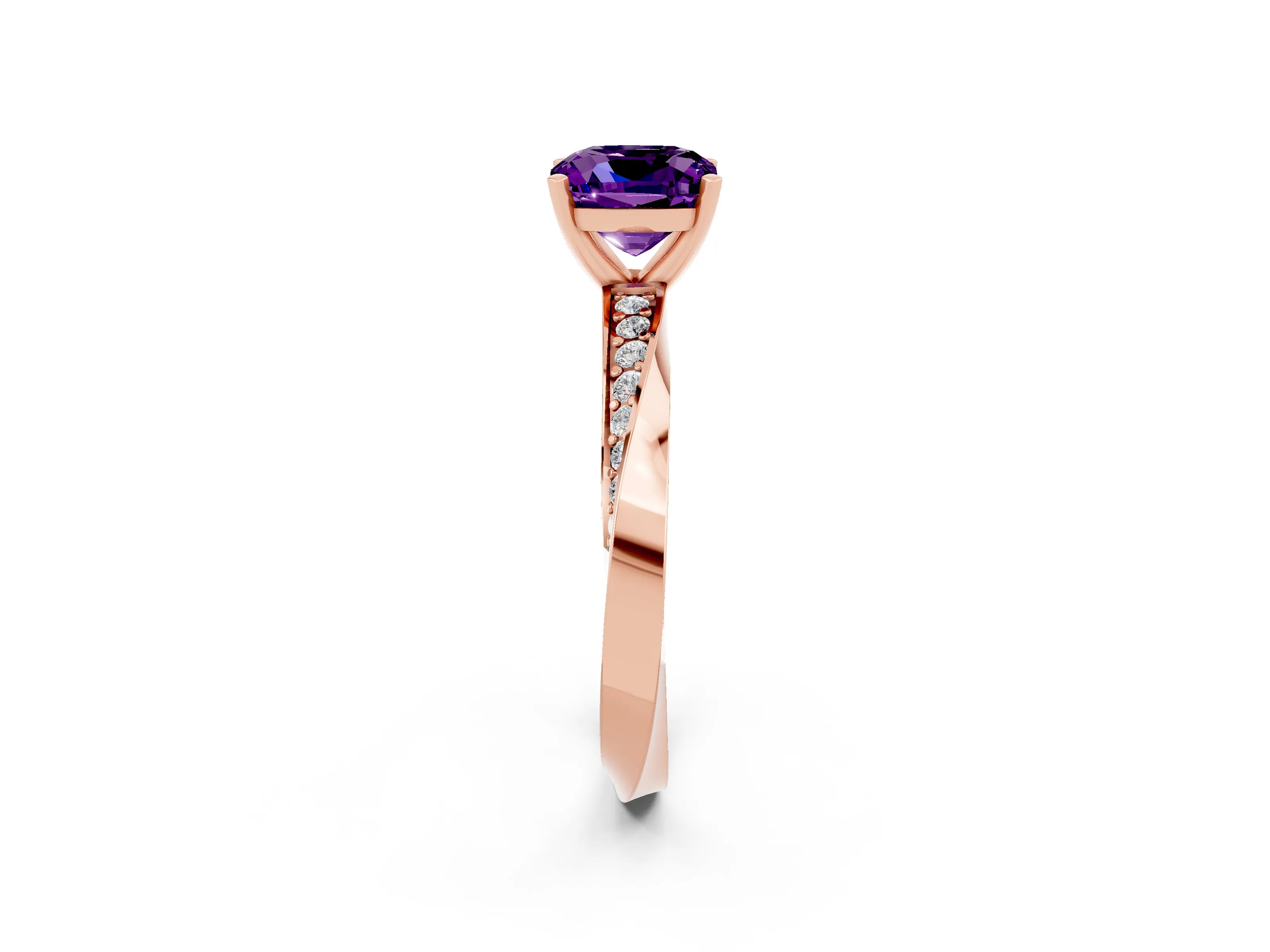Rose gold Cushion Cut Amethyst Engagement Ring with Side Stone Accents and Four-Prong Setting_29