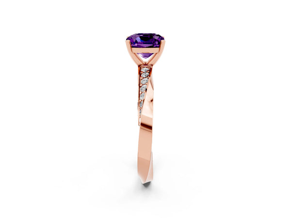 Rose gold Cushion Cut Amethyst Engagement Ring with Side Stone Accents and Four-Prong Setting